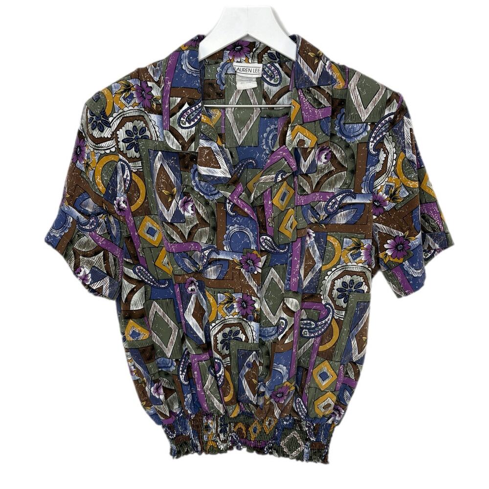 Vintage Paisley Geo Mixed Pattern Gathered Waist Blouse - Women's Size 14